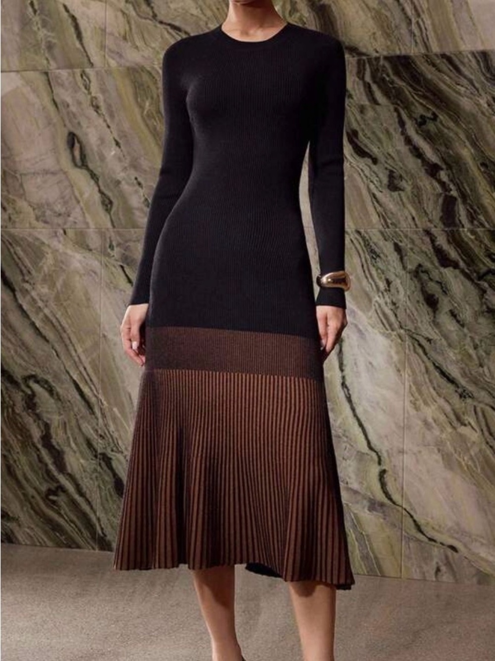 Black Ribbed Long Sleeve Maxi Dress with Brown Pleated Hem